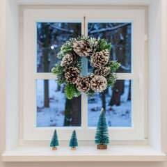 Christmas Window Scene- Frosty window pane with holiday wreath decoration