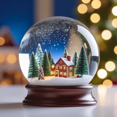 Snow Globe Christmas Scene- Detailed close-up of a glass snow globe featuring miniature trees and house