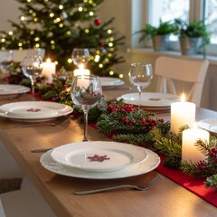 Holiday Dining Table- Beautifully set Christmas dinner table with plates, candles, and glasses