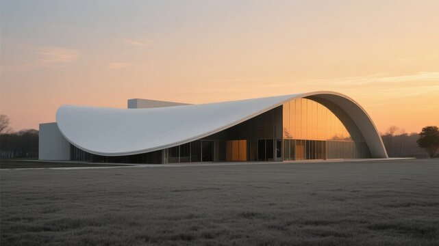 Modern Architectural Building with Curved Roof at Sunset