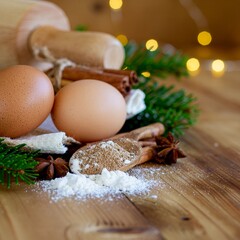 Christmas Baking Ingredients- Ingredients for holiday baking—flour, cinnamon sticks
