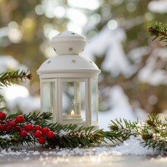 Winter Lantern Scene- Vintage-style lantern with a glowing candle, surrounded by snow