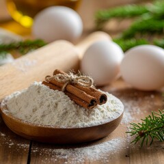Christmas Baking Ingredients- Ingredients for holiday baking—flour, cinnamon sticks