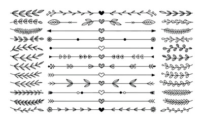 Obraz premium Decorative floral arrow divider set with heart and leaf romantic elements