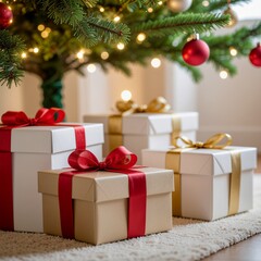 Christmas Gift Boxes Scene- Elegantly wrapped gift boxes with colorful ribbons and bows