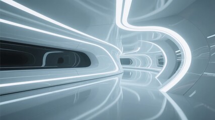 Naklejka premium Futuristic Tunnel with Curved Architecture and Illuminated Pathways