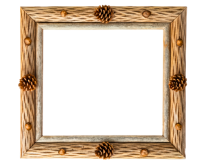 Rustic wooden picture frame decorated with pine cones and nuts on a transparent background