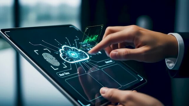 Business team using cloud technology with advanced security and data encryption. Visual icons represent AI-powered backup, secure file sharing, and seamless digital transformation tools. - Powered by Adobe