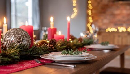 Holiday Dining Table- Beautifully set Christmas dinner table with plates, candles