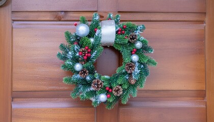 Festive Pine Wreath- A vibrant Christmas wreath of pine branches, berries, pine cones