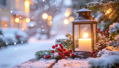 Winter Lantern Scene- Vintage-style lantern with a glowing candle, surrounded by snow