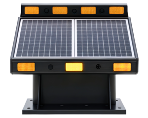 Solar-powered LED traffic arrow board for road safety control on a transparent background