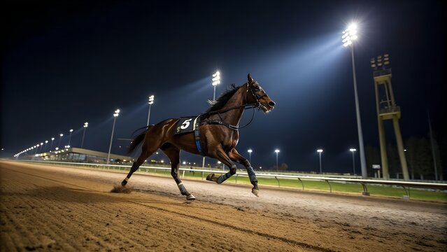 American Standardbred Horse Racing on Dirt Track Under Stadium Lights