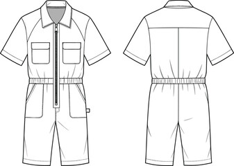 Short sleeve jumpsuit technical fashion sketch, front and back flat template, CAD drawing vector illustration for apparel design presentation