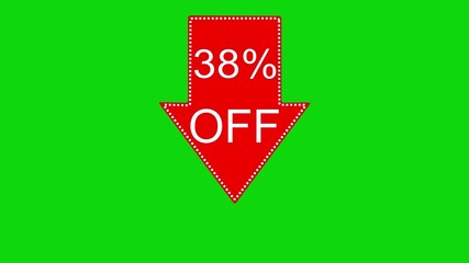 38 percent off discount offer icon animation. Animated arrow pointing 38 percent off text animation. green background 4k video.