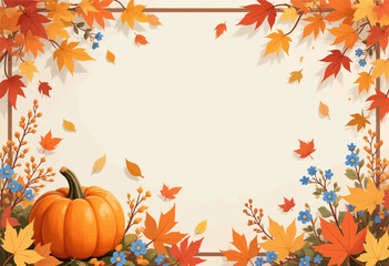 Autumn Frame with Pumpkin and Fall Leaves