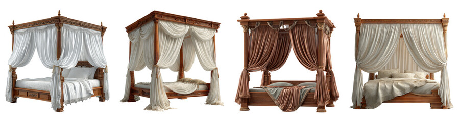 Elegant Canopy Beds with Draped Fabrics on Transparent Background