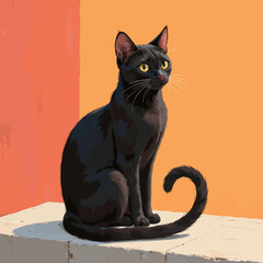 Obraz premium Black Cat in Sunlight, Vibrant Orange Wall, Serene and Curious