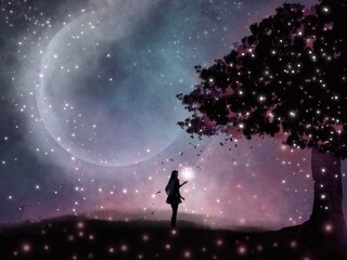 A long-haired girl stands under a tree on a full moon night with stars surrounding her like a dream. The illustration, drawn on a fantasy tablet, conveys a state of mind and a beau © Thida