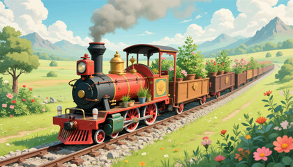 Fototapeta premium Charming Steam Train Journey Through Flowery Meadows
