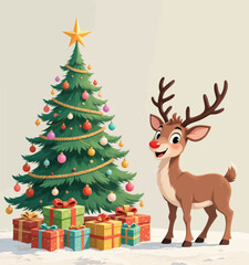Naklejka premium Christmas Reindeer and Tree in Snowy Wonderland