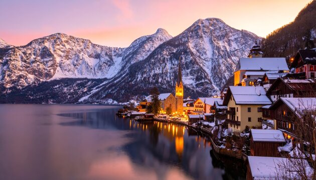 Scenic Hallstatt village at winter dusk - Powered by Adobe