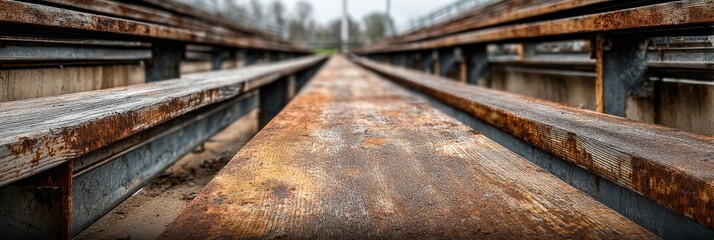 Rusty Train Tracks on a Railway Including Steel Rails and Wooden Sleepers in a Perspective View with Weathered Surface and Industrial Atmosphere