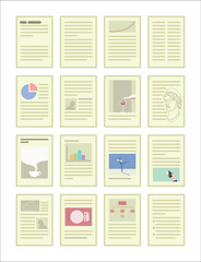 Set of editorial icons showing layouts with text, images, infographics and structured page compositions