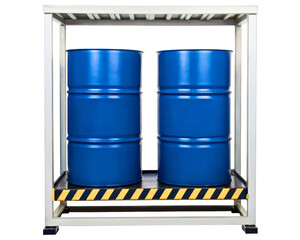 Two blue chemical barrels on an industrial spill containment pallet on a transparent background