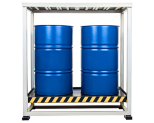 Two blue chemical barrels on an industrial spill containment pallet on a transparent background