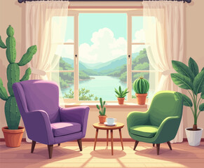 Cozy Living Room with Lake View and Plants