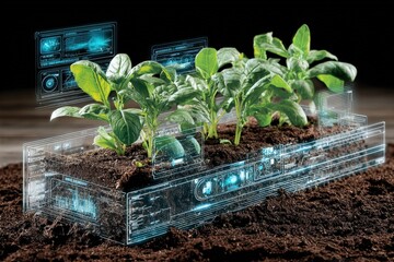 futuristic digital garden with young leafy vegetable plants growing in soil visualized with holographic technology and glowing interface screens