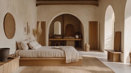Serene bedroom with earthy tones, natural textures, and minimalist design featuring arched doorways, wooden furniture, and a neutral color palette.  Sunlight streams through arched windows