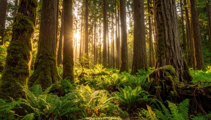 Obraz premium Sunlit forest scene with ferns below