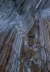 Aerial view of the Sakoneta Flysch at low tide on the Cantabrian Coast in Deva in the province of Gipuzkoa in the autonomous community of the Basque Country. Spain. Europe.