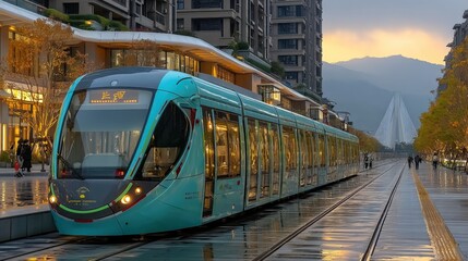 Fototapeta premium Modern sleek blue electric tram train traveling through a vibrant city street du sunset with tall buildings and mountains in background