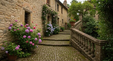 Obraz premium Romantic Stone Pathway in a European Garden with Blooming Hydrangeas