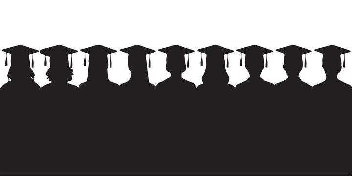 Black silhouettes of graduating students in caps and gowns