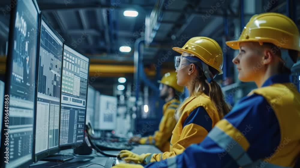 Poster engineer analyzing data on computer screens in an advanced industrial control room wearing safety ge