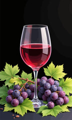Elegant Wine Glass with Grapes and Leaves on Dark Background