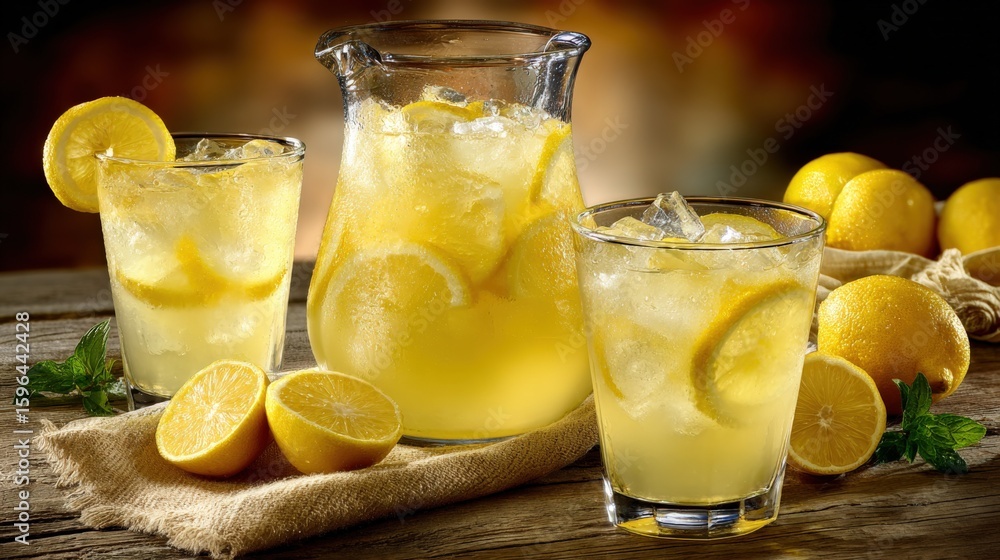 Aufkleber refreshing lemonade served in a pitcher with ice slices and lemon wedges on a rustic wooden table wi