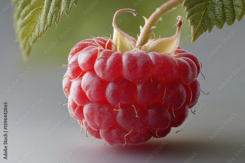 Poster close-up of a fresh ripe raspberry with detailed texture and surrounding green leaves on a soft ligh