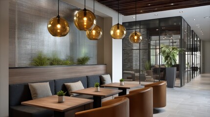 Olive and burnt sienna decor in a compact modern lounge glowing pendant lights create soft top-down warmth textured glass