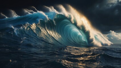 Powerful ocean wave crashing with golden sunlight breaking through dark stormy clouds