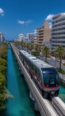 Obraz premium Modern metropolitan cityscape featu contemporary high-rise buildings along a scenic canal with a sleek automated train on elevated tracks under a clear blue sky