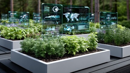 High-tech smart greenhouse with holographic digital plant monito displays for sustainable agriculture and innovative farming techniques