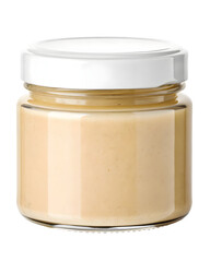 Jar of creamy sauce with white lid, gourmet condiment or dressing in sealed glass container