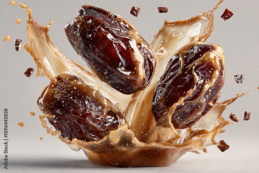 Aufkleber juicy medjool dates splashing with creamy milk splash in midair with cocoa chunks on white backgroun