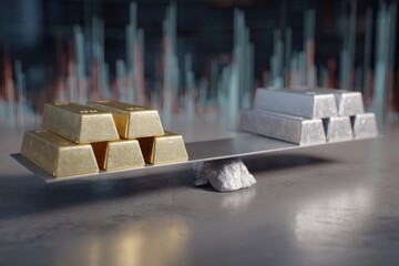 Stock graphs overlay on silver and gold bars captures market dynamics. Safe-haven asset. Silver's rise continues, reflecting market's response to trade tensions. Bullish market. Trade tensions.