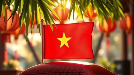 Vietnam National Day flag on silk cushion with bamboo leaves and lanterns
